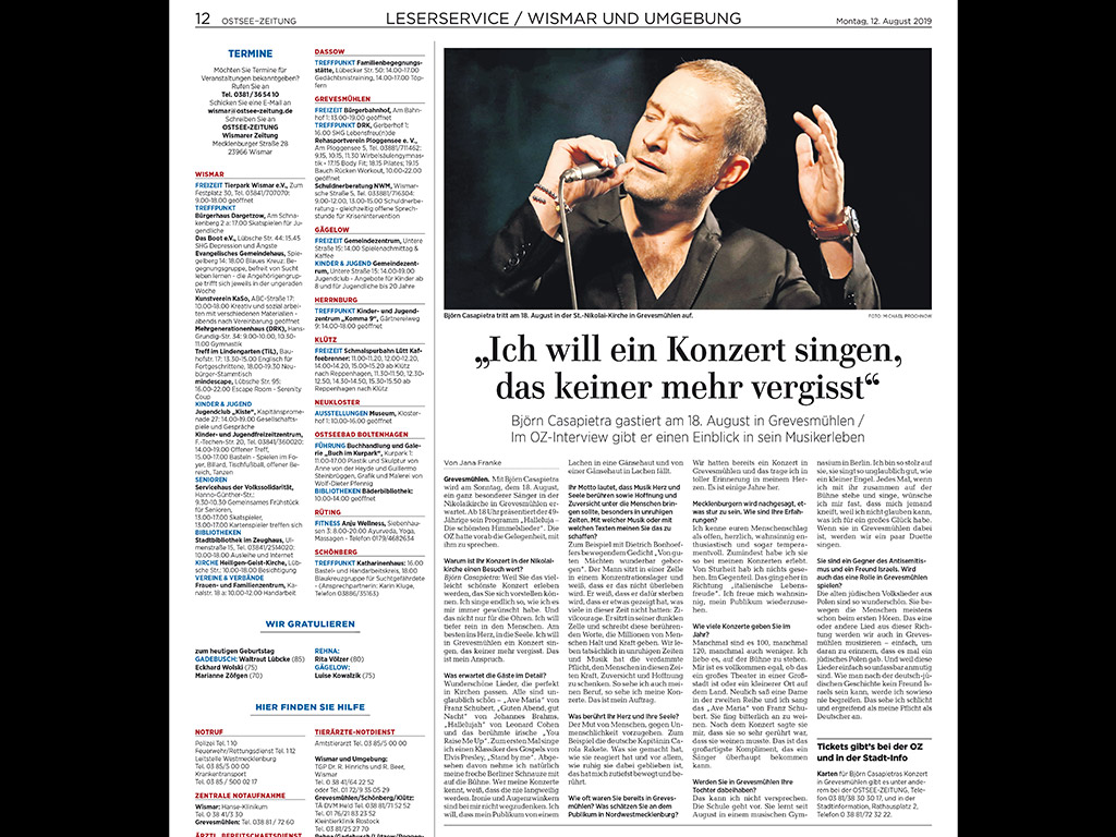Casapietra Presseartikel: Ostsee Zeitung 2019/08